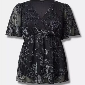 Peplum Velvet Burnout Surplice Short Sleeve Blouse | Size 2X